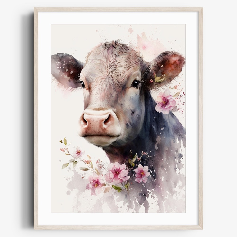 Watercolor Cute Floral Farm Cow Wall Art Illustration Print Poster Unframed
